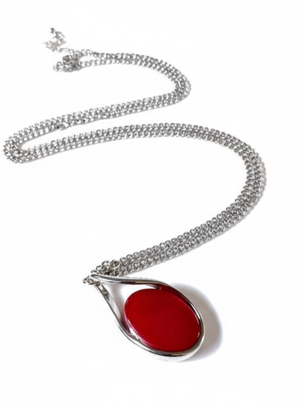 Womens Silver Tone Chain with Oval Red Pendant Necklace
